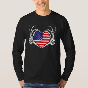 Camiseta Skeleton Hand Heart 4 De Julho Love American Flag
