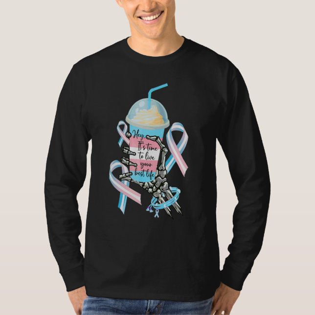 Camiseta Skeleton Hand Holding Milkshake Transgender Awaren (Frente)