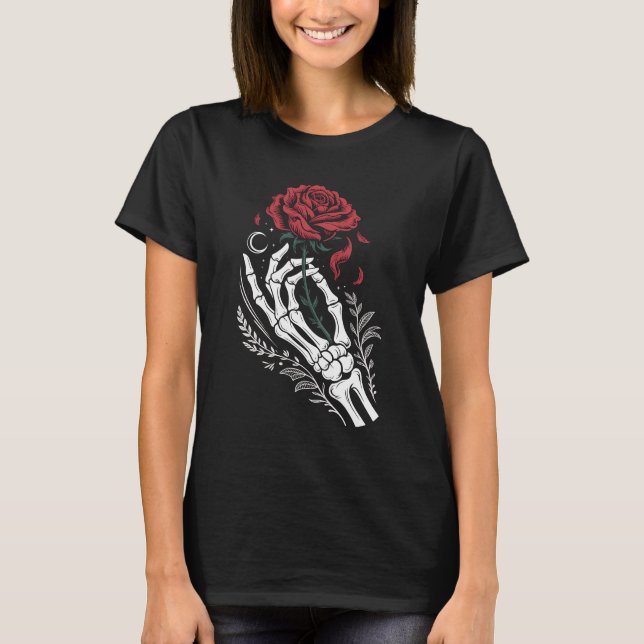 Camiseta Skeleton Hand Holding Rose Gothic T-Shirt for Dark (Frente)