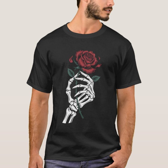 Camiseta Skeleton Hand Holding Rose Gothic T-Shirt for Dark (Frente)
