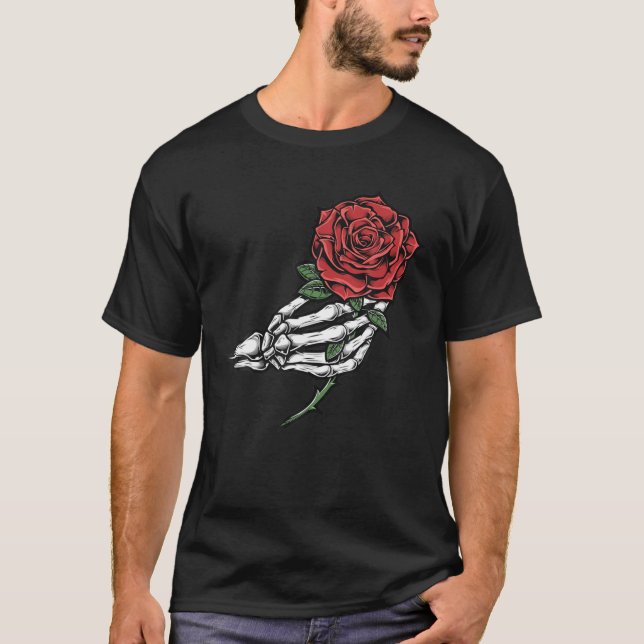 Camiseta Skeleton Hand Red Rose Flower (Frente)