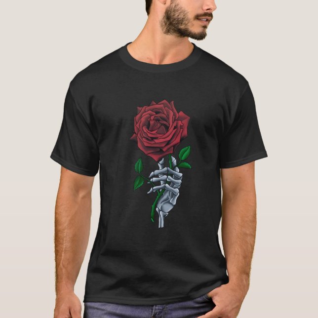 Camiseta Skeleton Hand Red Rose Flower (Frente)