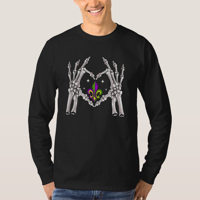 Camiseta Skeleton Hands Heart Love Funny Mardi Gras Fleur D (Frente)
