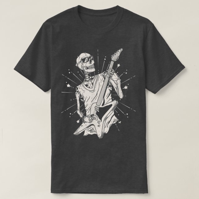 Camiseta Skeleton Head Tocando Rock Acústico Em Seu Violão (Frente do Design)