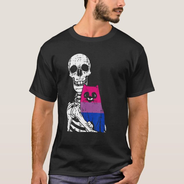 Camiseta Skeleton Holding A Cat Bisexual LGBT-Q Pride Rainb (Frente)