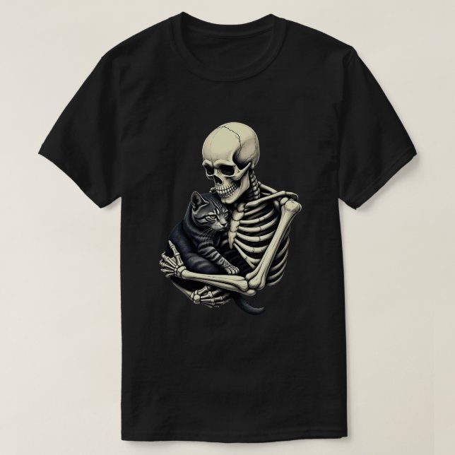 Camiseta Skeleton Hugging Cat Funny Halloween Cat Lover (Frente do Design)