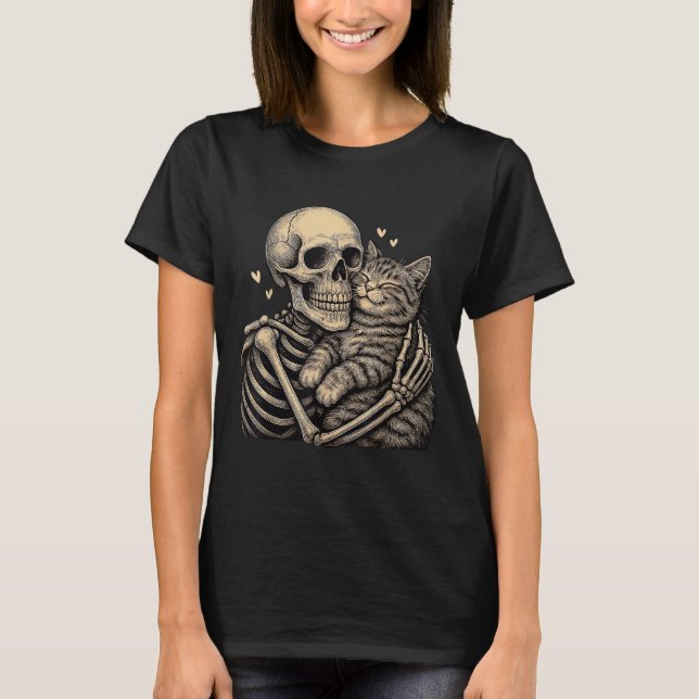 Camiseta Skeleton Hugging Cat Halloween Shirts Cat Lover Ca (Frente)