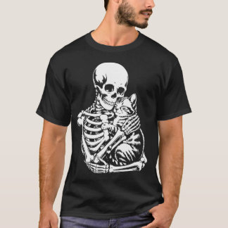 Camiseta Skeleton Hugging Cat Halloween T-Shirt - Cat Lover