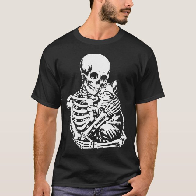 Camiseta Skeleton Hugging Cat Halloween T-Shirt - Cat Lover (Frente)
