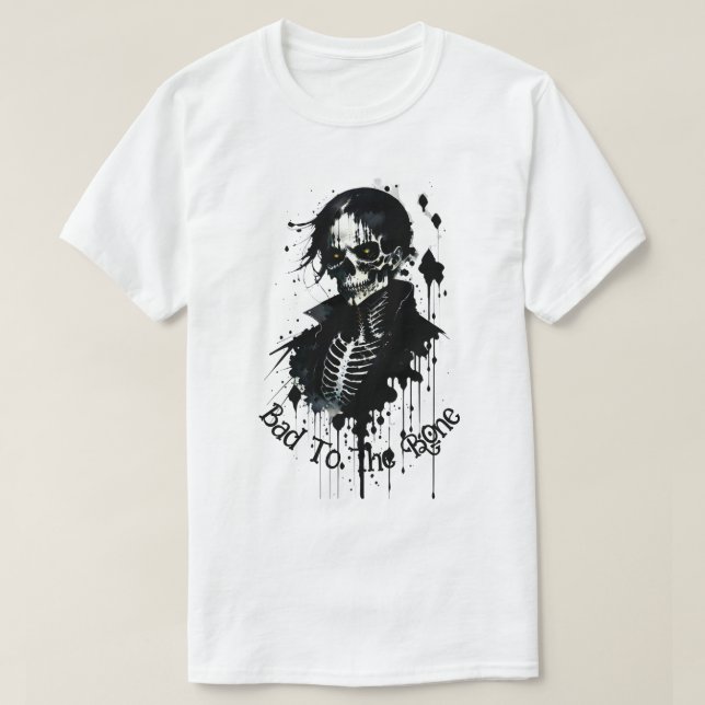 Camiseta "Skeleton Ink Splatter" Bad To The Bone " (Frente do Design)