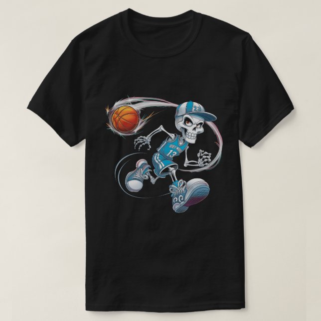 Camiseta Skeleton Jogador De Basquete Assustado Para O Hall (Frente do Design)