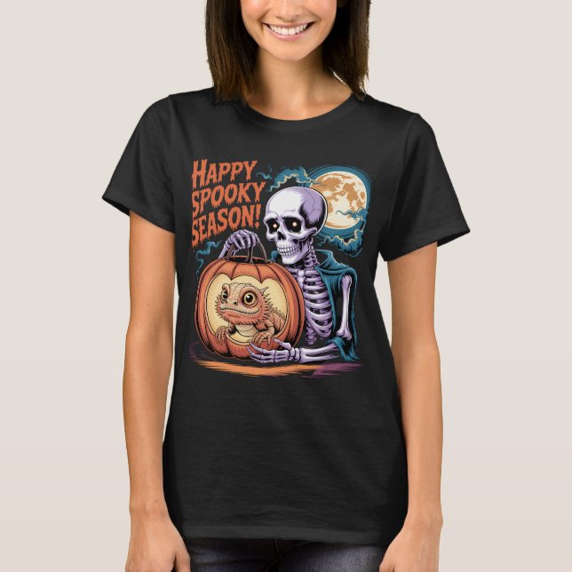 Camiseta Skeleton & Lizard Pumpkin Halloween Art (Frente)