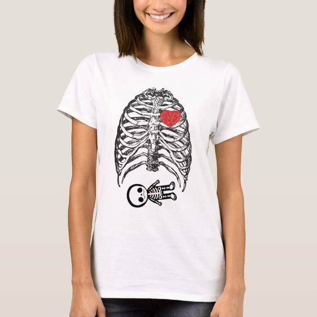 Camiseta Skeleton Mamãe Grávida Com Uma Menina (Frente)