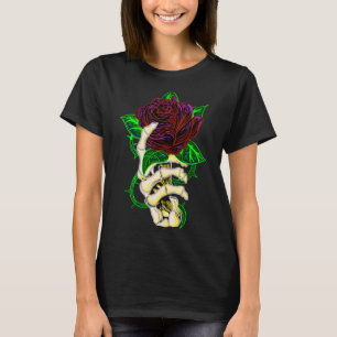 Camiseta Skeleton Mão Segurando Tatuagem de Rosa