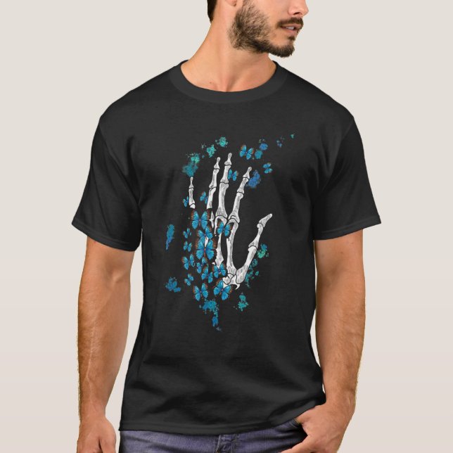 Camiseta Skeleton Mão Skull Blue Morpho Butterfly (Frente)