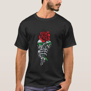 Camiseta Skeleton Mão Vermelha E Belo Rosa Flor E Sk