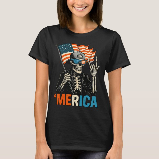 Camiseta Skeleton Merica Rock American Flag Patriotic Usa 4 (Frente)