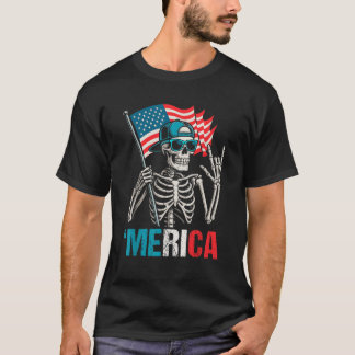 Camiseta Skeleton Merica Rock American Flag Patriótico 4º O