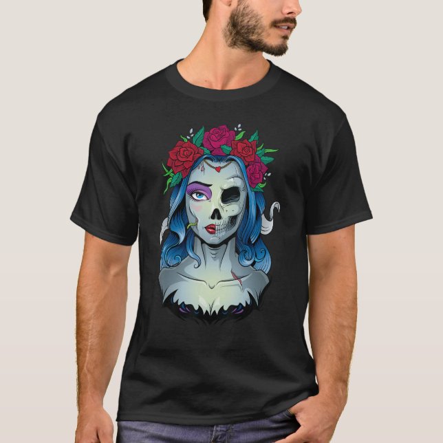 Camiseta Skeleton Morto Noiva Halloween Fumaça morta La Ca (Frente)