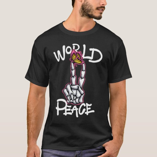Camiseta Skeleton Peace Sign with Butterfly streetwear  (Frente)