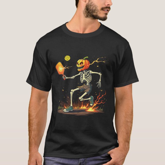 Camiseta Skeleton Pickleball Halloween Spooky Esporte (Frente)