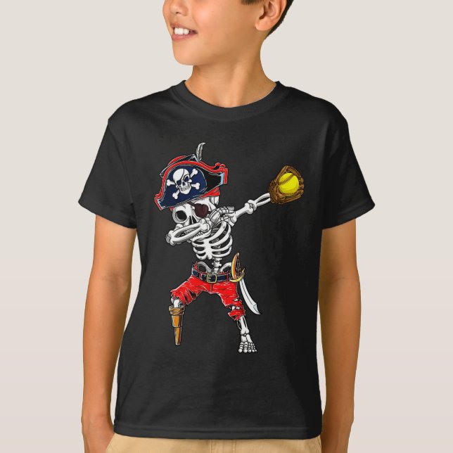 Camiseta Skeleton Pirate &amp; Softball Ball Halloween Cust (Frente)
