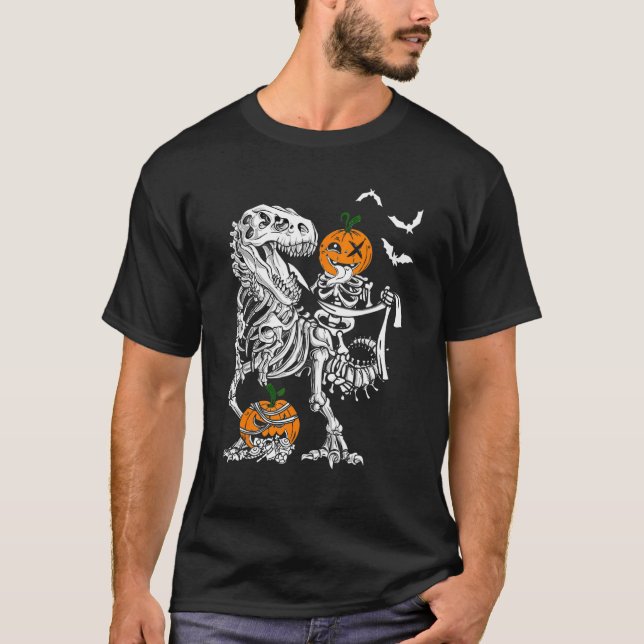 Camiseta Skeleton Pumpkin Andando Arte Dinossauro T Rex Hal (Frente)