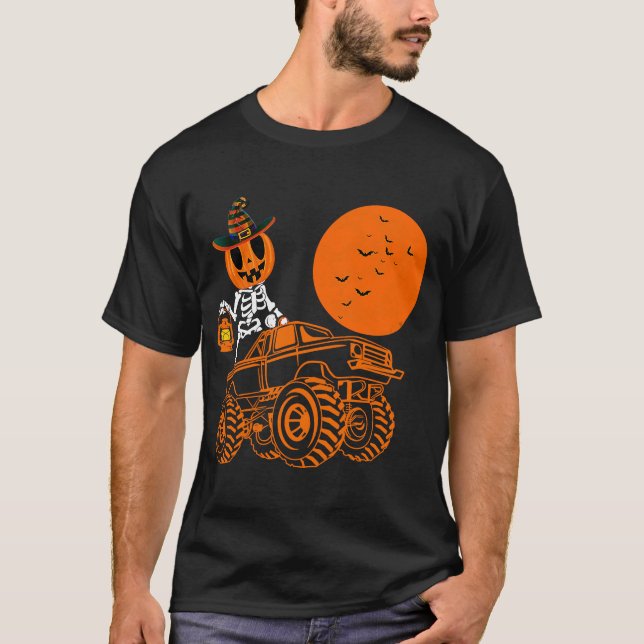Camiseta Skeleton Pumpkin Andando Monstro Truck Halloween C (Frente)