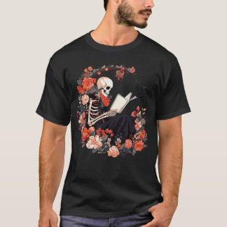 Camiseta Skeleton Reading Book Lover Floral Flowers Bookish