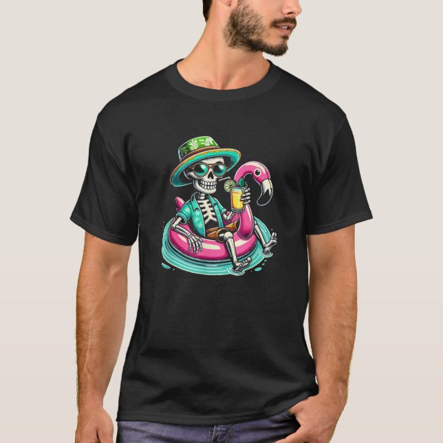 Camiseta Skeleton Relaxando Em Flamingo Float Beach Vibes H (Frente)