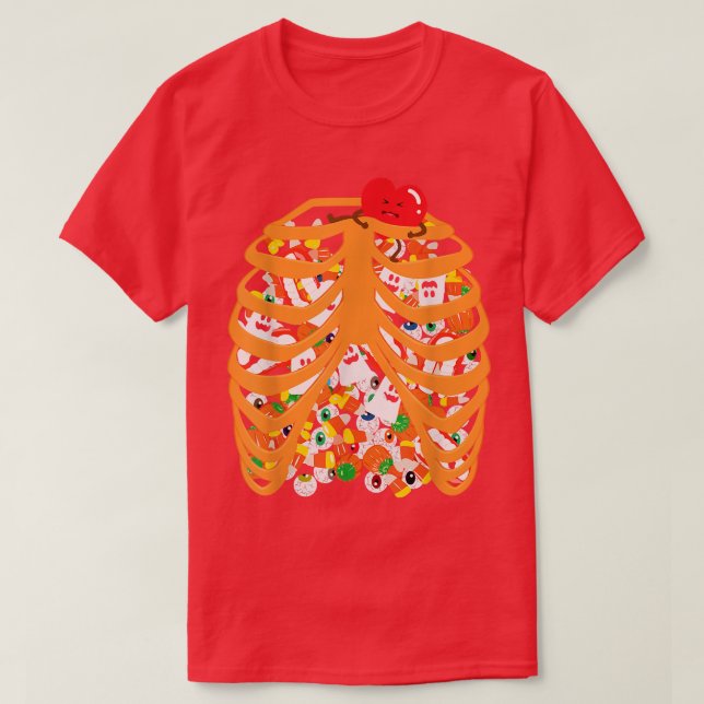 Camiseta Skeleton Rib Cage Xray Candy Halloween Trick ou Tr (Frente do Design)