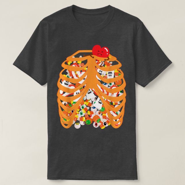 Camiseta Skeleton Rib Cage Xray Candy Halloween Trick ou Tr (Frente do Design)