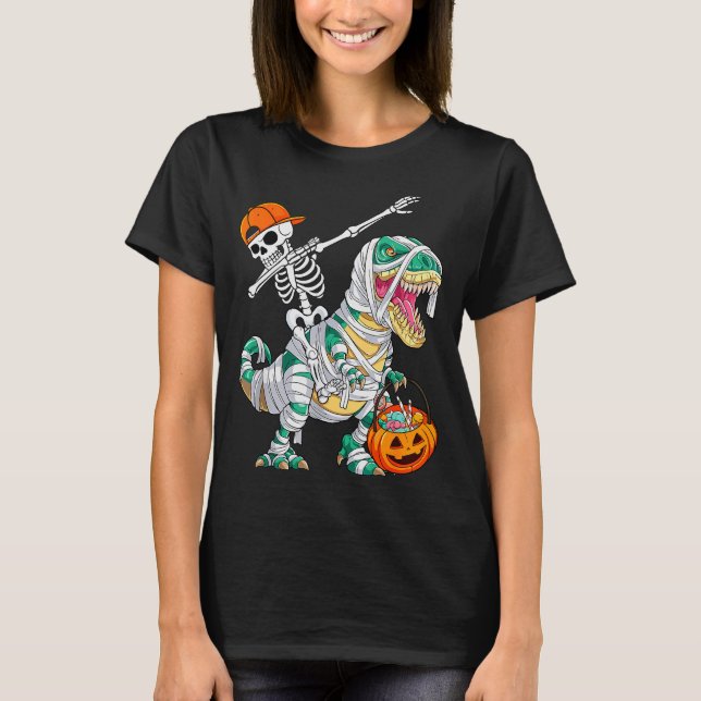 Camiseta Skeleton Riding Dancing Dab Dinosaur T Rex Hallowe (Frente)