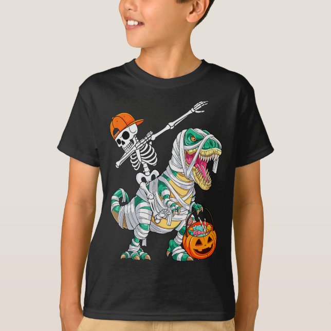 Camiseta Skeleton Riding Dancing Dab Dinosaur T Rex Hallowe (Frente)