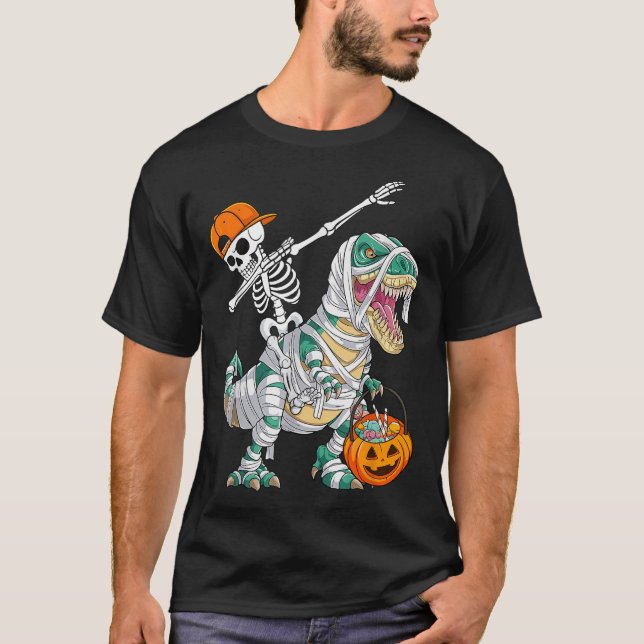 Camiseta Skeleton Riding Dancing Dab Dinosaur T Rex Hallowe (Frente)