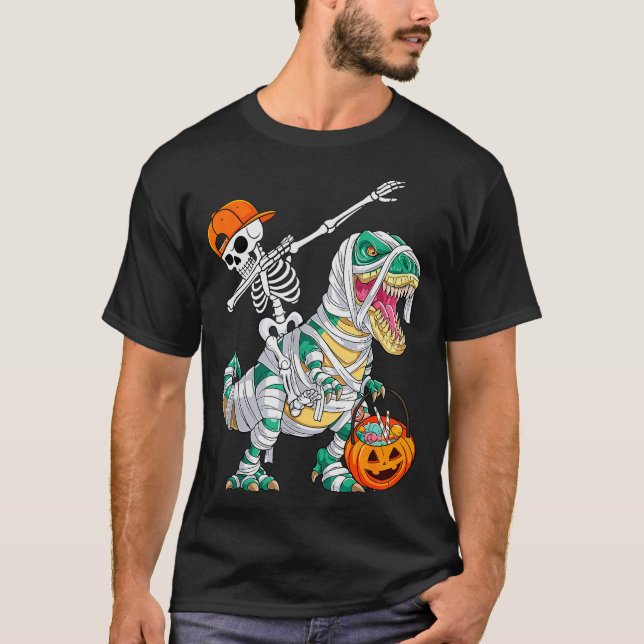 Camiseta Skeleton Riding Dancing Dab Dinosaur T Rex Hallowe (Frente)