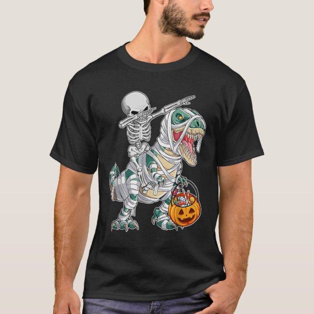 Camiseta Skeleton Riding Dancing Dab Dinosaur Trex Hallowee (Frente)