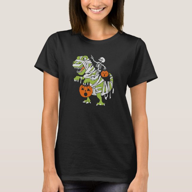 Camiseta Skeleton Riding Dinossaur Cotação Pumpkin Hallowee (Frente)