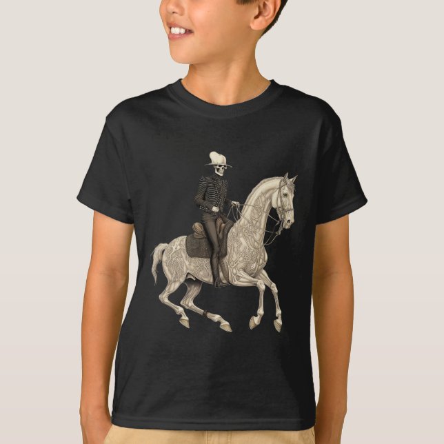Camiseta Skeleton Riding Horse Hormona de Vaca Halloween (Frente)