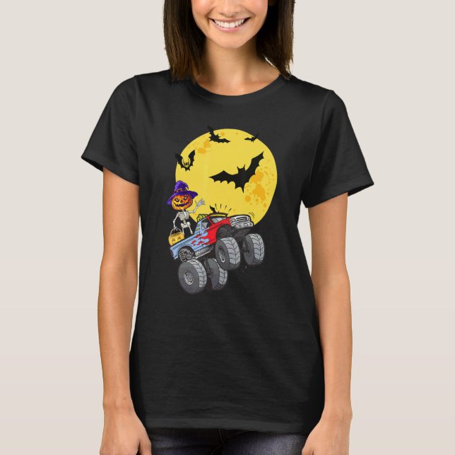 Camiseta Skeleton Riding Monster Truck Halloween Garotos (Frente)