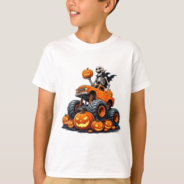Camiseta Skeleton Riding Monster Truck Halloween Pumpkin Ki (Frente)