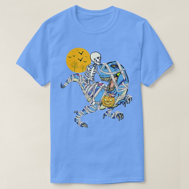 Camiseta Skeleton Riding Mummy Dinosaur Para Meninos (Frente do Design)