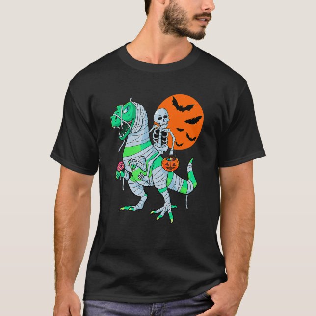 Camiseta Skeleton Riding Mummy Dinosaur rex Halloween Kids (Frente)