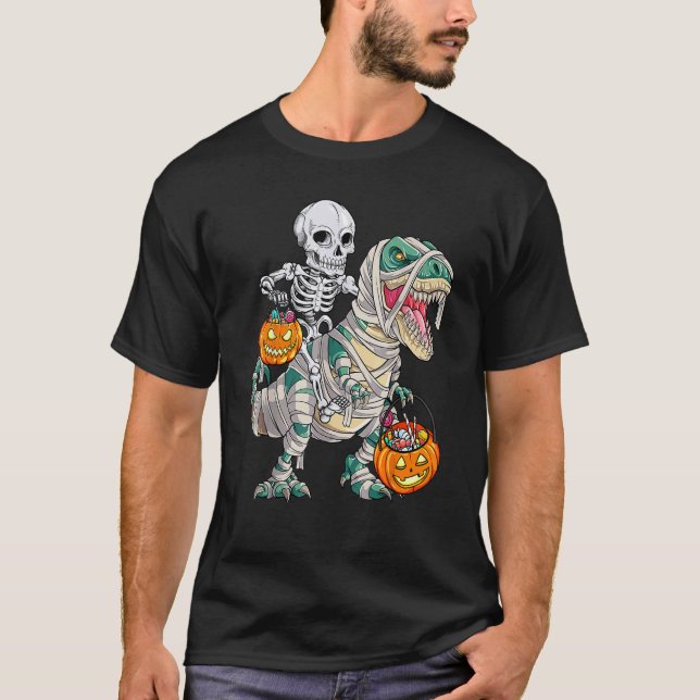 Camiseta Skeleton Riding Mummy Dinosaur rex Halloween Pump (Frente)