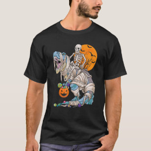 Camiseta Skeleton Riding Mummy Dinosaur Rex Halloween Pump
