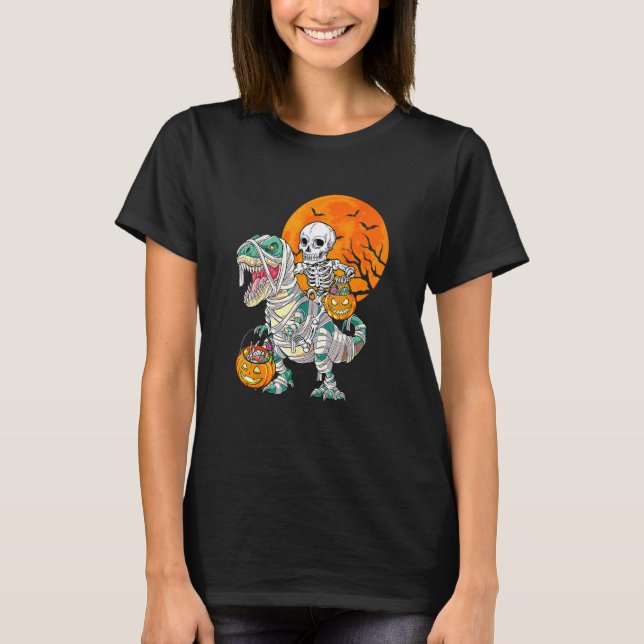 Camiseta Skeleton Riding Mummy Dinosaur Rex Halloween  Pump (Frente)
