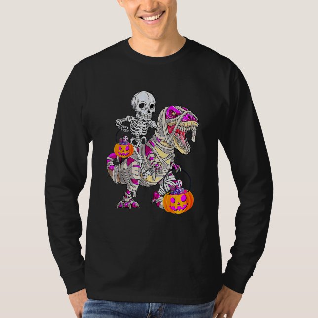Camiseta Skeleton Riding Mummy Dinosaur Rex Halloween  Pump (Frente)