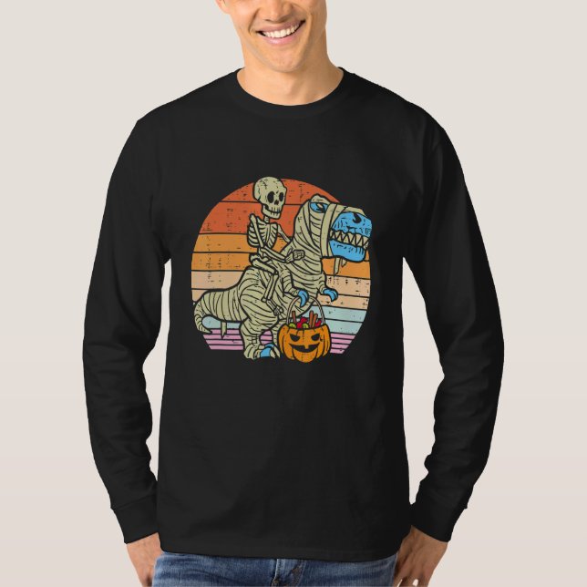 Camiseta Skeleton Riding Mummy Dinosaur rex Halloween  Pump (Frente)