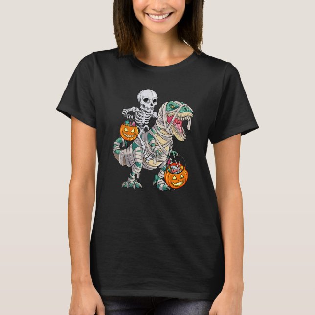 Camiseta Skeleton Riding Mummy Dinosaur rex Halloween  Pump (Frente)