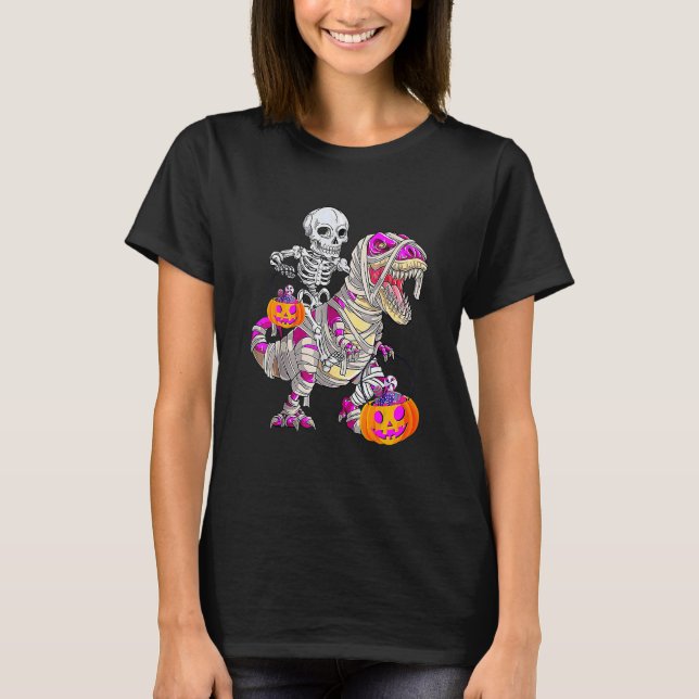 Camiseta Skeleton Riding Mummy Dinosaur Rex Halloween  Pump (Frente)